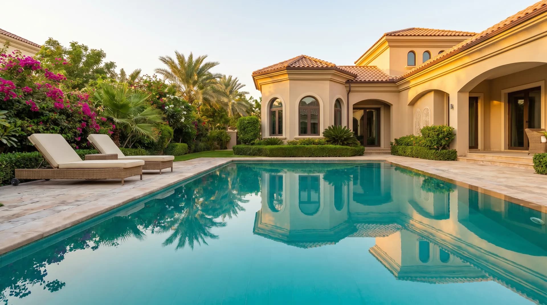 Piscina residencial con agua cristalina al atardecer